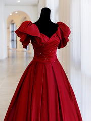 Burgundy Satin Long Prom Dress, A-Line Evening Party Dress