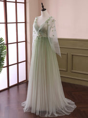 Light Green Tulle Long Sleeve Prom Dress, Green Gradient Floor Length Evening Dress