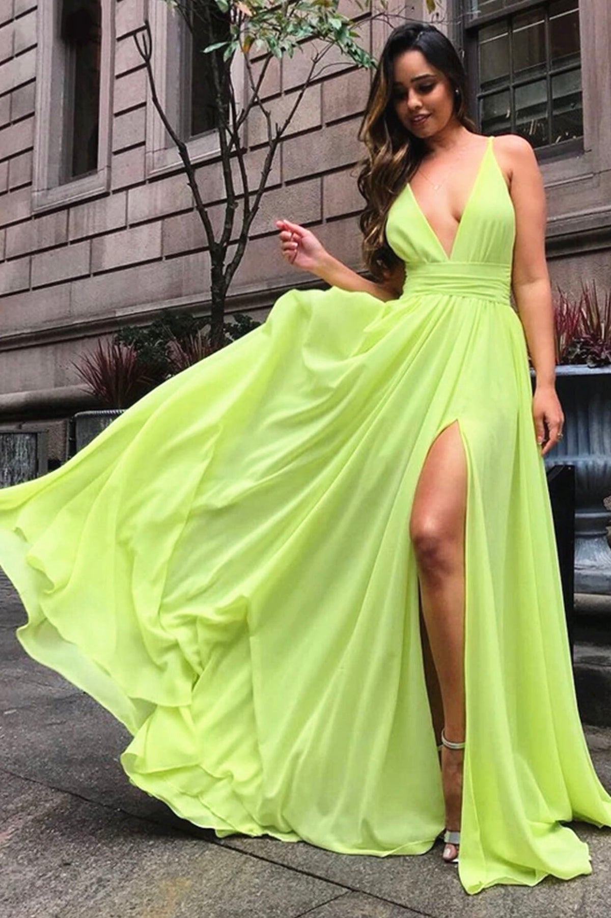 Green Chiffon Long A-Line Prom Dress, Simple V-Neck Evening Dress