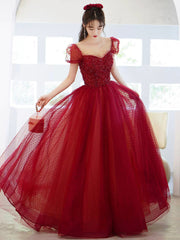 Burgundy Tulle Sequins Long Prom Dress, A-Line Scoop Neckline Evening Party Dress