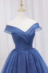 Blue Off the Shoulder Long Party Dress Evening Gown, Blue Junior Prom Dress