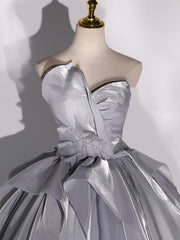 Gray Strapless Tulle Long Ball Gown, A-Line Evening Dress Formal Dress