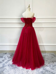 Burgundy Tulle Beaded Long Formal Dress, Off Shoulder Evening Party Dress