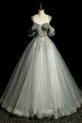 Scoop Neckline Tulle Long Formal Dress with Beaded, A-Line Evening Dress