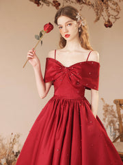 Burgundy Satin Beaded Long Prom Dress, Cute Off Shoulder Evening Dress