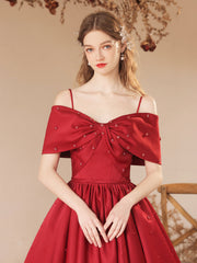Burgundy Satin Beaded Long Prom Dress, Cute Off Shoulder Evening Dress