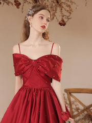 Burgundy Satin Beaded Long Prom Dress, Cute Off Shoulder Evening Dress