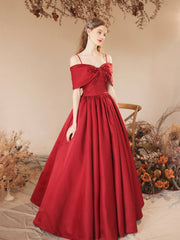 Burgundy Satin Beaded Long Prom Dress, Cute Off Shoulder Evening Dress