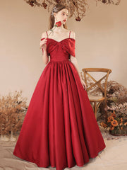 Burgundy Satin Beaded Long Prom Dress, Cute Off Shoulder Evening Dress