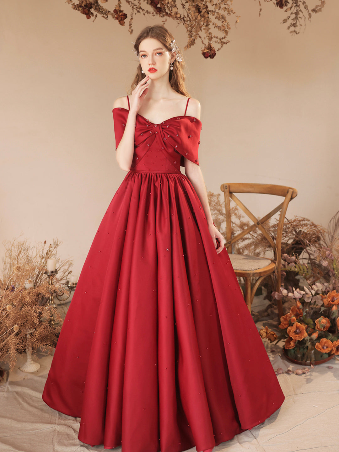 Burgundy Satin Beaded Long Prom Dress, Cute Off Shoulder Evening Dress