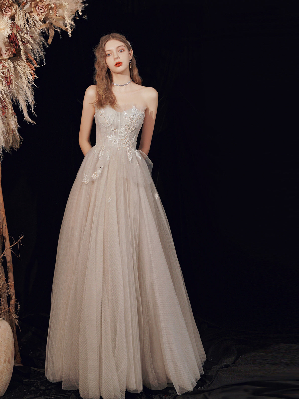 Champagne Strapless Lace Long Prom Dress, A-Line Evening Graduation Dress