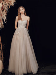 Champagne Strapless Lace Long Prom Dress, A-Line Evening Graduation Dress