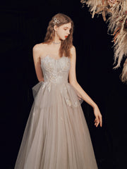 Champagne Strapless Lace Long Prom Dress, A-Line Evening Graduation Dress