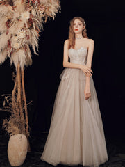 Champagne Strapless Lace Long Prom Dress, A-Line Evening Graduation Dress