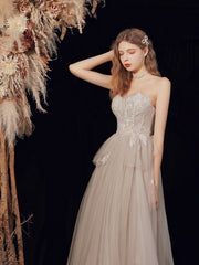 Champagne Strapless Lace Long Prom Dress, A-Line Evening Graduation Dress