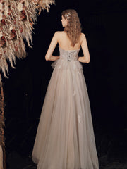 Champagne Strapless Lace Long Prom Dress, A-Line Evening Graduation Dress