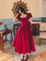 Burgundy Satin Party Dress with Bow, Cute A-Line Short Sleeve Homecoming Dress