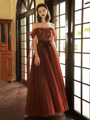 Off Shoulder Tulle Long Prom Dresses, Beautiful A Line Tulle Evening Dresses