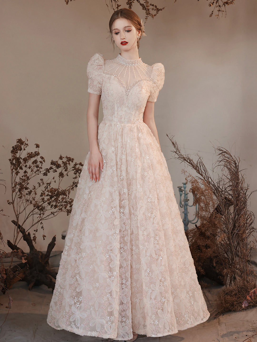 Elegant High Neck Long A Line Princess Dresses, Beautiful Beading Pearl Sequins Light Pink Prom Dresses