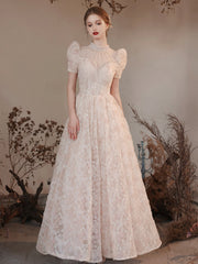 Elegant High Neck Long A Line Princess Dresses, Beautiful Beading Pearl Sequins Light Pink Prom Dresses