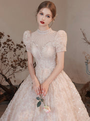 Elegant High Neck Long A Line Princess Dresses, Beautiful Beading Pearl Sequins Light Pink Prom Dresses