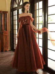 Off Shoulder Tulle Long Prom Dresses, Beautiful A Line Tulle Evening Dresses
