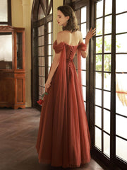 Off Shoulder Tulle Long Prom Dresses, Beautiful A Line Tulle Evening Dresses