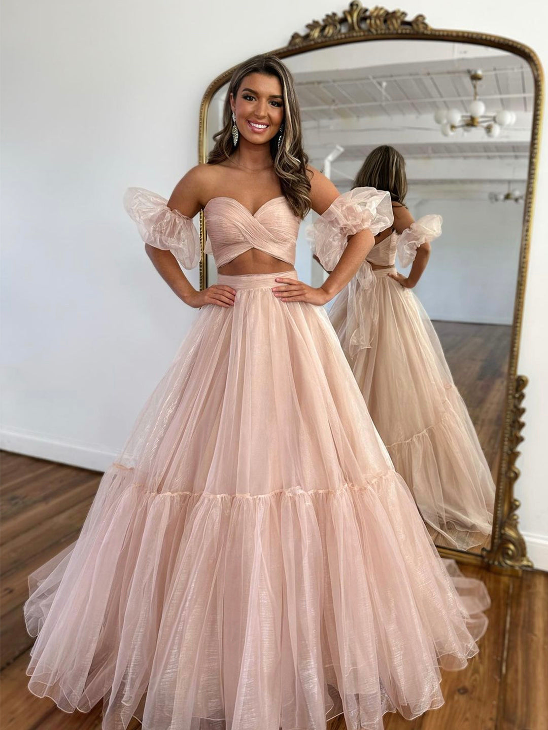 Pink Tulle Long Formal Dress, Two Pieces Evening Dress, Pink Party Dress