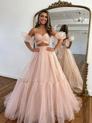 Pink Tulle Long Formal Dress, Two Pieces Evening Dress, Pink Party Dress