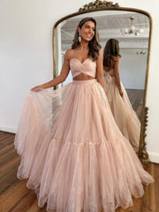 Pink Tulle Long Formal Dress, Two Pieces Evening Dress, Pink Party Dress