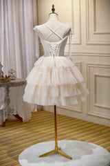 Champagne Lace Short Party Dress, A-Line Spaghetti Strap Evening Dress