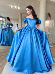Blue Satin Long Prom Dress, A-Line Short Sleeve Evening Dress