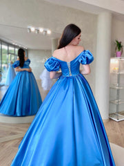 Blue Satin Long Prom Dress, A-Line Short Sleeve Evening Dress