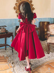 Burgundy Satin Party Dress with Bow, Cute A-Line Short Sleeve Homecoming Dress