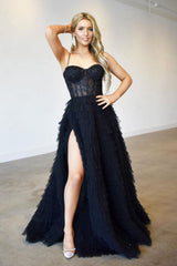 Lace Applique Mermaid Evening Gown with Front Split and Spaghetti Straps
