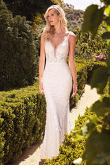 Cinderella Divine CDS403W Lace Applique Sleeveless Long Formal  Wedding Dress