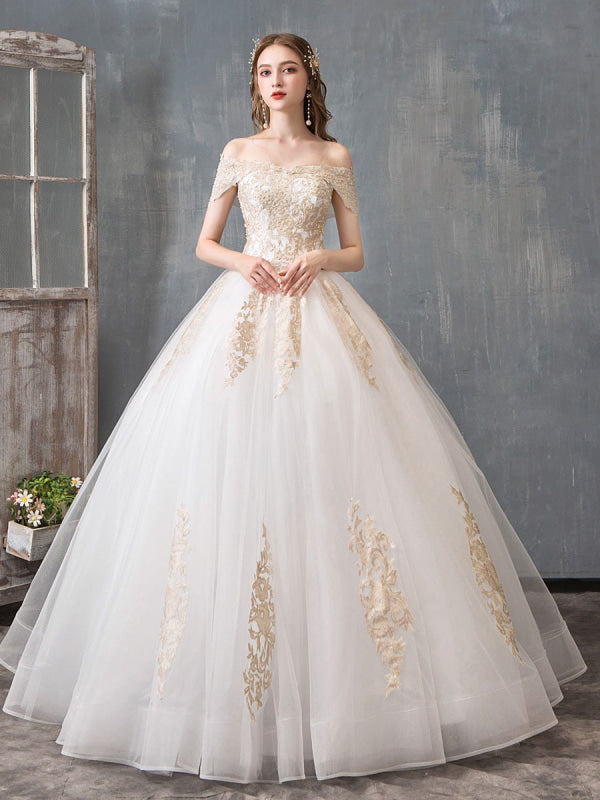 Lace Appliqued Ball Gown Wedding Dresses Off Shoulder Bridal Dress
