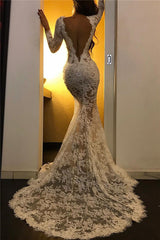 Lace Appliques Chic White Evening Dresses Long Sleeves Prom Dresses with Slit