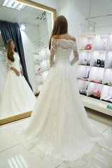 A-line Lace 3/4 Sleeves Wedding Dresses Off the Shoulder Bridal Gown