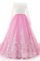 Lace Buttoned Scoop Neck Long Sleeve Ball Gown Flower Girl Dress