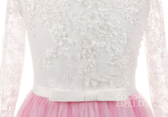 Lace Buttoned Scoop Neck Long Sleeve Ball Gown Flower Girl Dress
