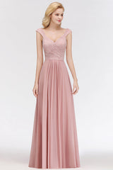 Lace Chiffon A-line Modest Dusty Pink Bridesmaid Dress