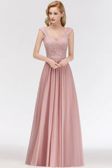 Lace Chiffon A-line Modest Dusty Pink Bridesmaid Dress