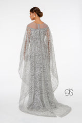 Lace Embellished Prom Long Dress with Attached Cape