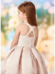 Lace Satin Cap Sleeve Jewel Neck A-Line Flower Girl Dress With Buttons