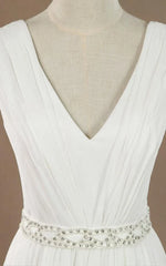 V-Neck Chiffon Beading High Slit Weddig Dress with Low-V Back