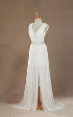 V-Neck Chiffon Beading High Slit Weddig Dress with Low-V Back