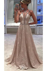 Lace Halter Sleeveless ALine Evening Dress Deep V-neck Prom Dress With Beading