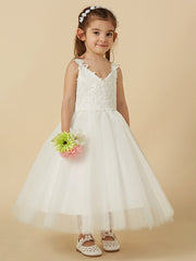 Lace Tulle A-Line Flower Girl Dress with Sleeveless V-Neck & Bow