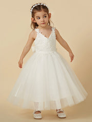 Lace Tulle A-Line Flower Girl Dress with Sleeveless V-Neck & Bow
